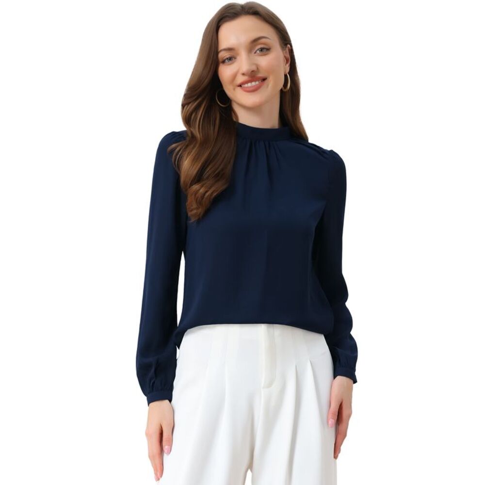 Long Sleeve Shirts Mock Neck Pleated Tops Solid Work Blouse Dark Blue